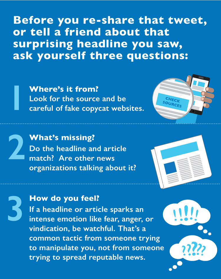 Infographic with someone holding a phone and the button “Check Sources” is magnified, a newspaper, and thought bubbles with exclamation points and question marks. Transcript: Before you re-share that tweet, or tell a friend about that surprising headline you saw; ask yourself three questions:
1. Where’s it from? Look for the source and be careful of fake copycat websites. 2. What’s missing? Do the headline and article match? Are other news organizations talking about it? 3. How do you feel? If a headline or article sparks an intense emotion like fear, anger, or vindication be watchful. That’s a common tactic from someone trying to manipulate you, not from someone trying to spread reputable news.